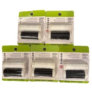 5X SINGER All Purpose Thread 150yd , 137m #60450 Black White Colorfast Washable